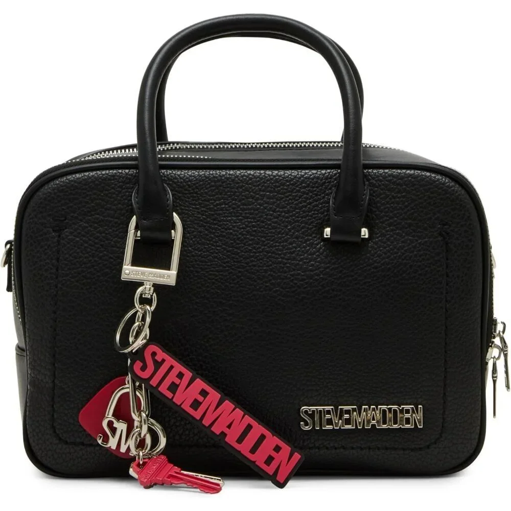 Women's Double Compartment Satchel Black Leather Zipper Closure Crossbody